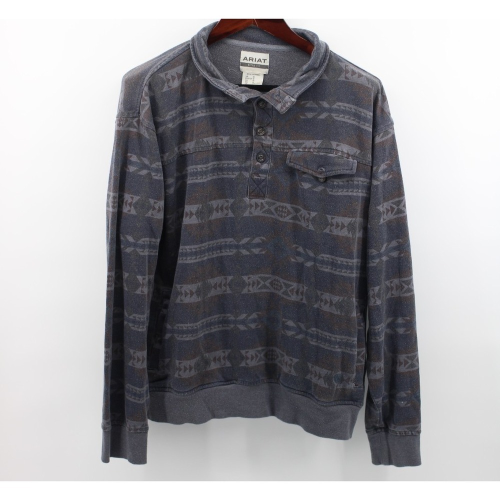 Ariat‎ Men's Printed Overdyed Washed Sweater Gray Blue Southwest M Retro Fit